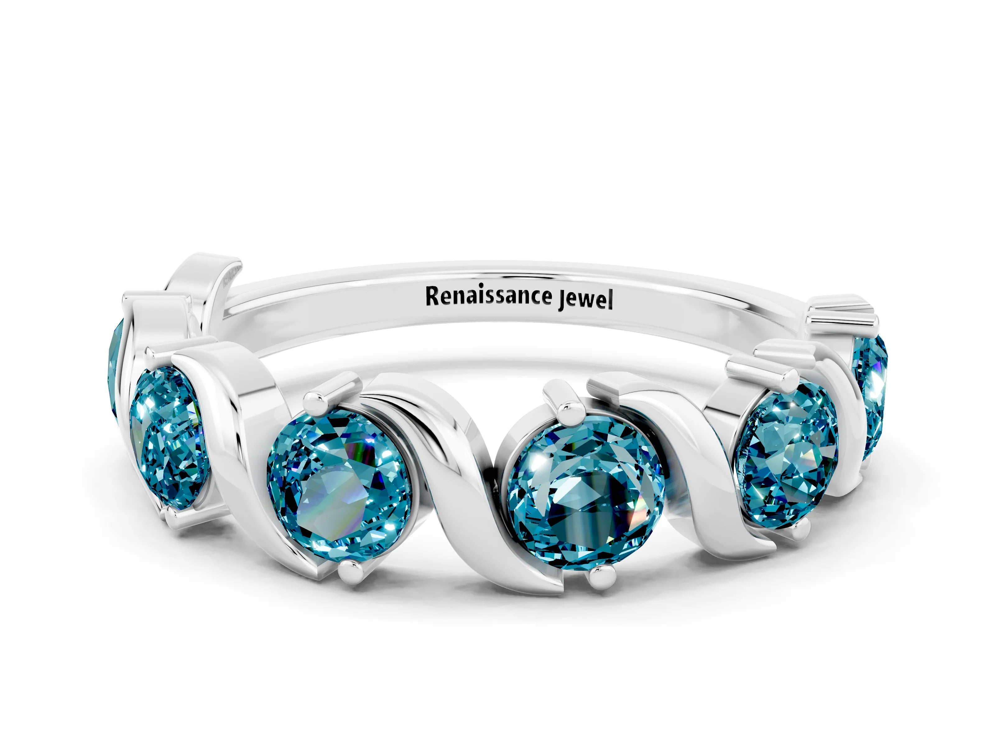 White gold Round Blue Topaz Half Eternity Band with Wave Prong Setting_6
