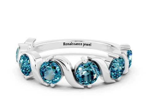 White gold Round Blue Topaz Half Eternity Band with Wave Prong Setting_6