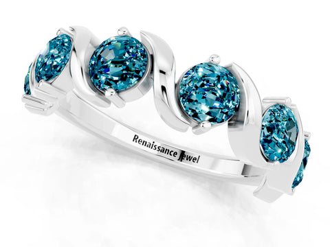 White gold Round Blue Topaz Half Eternity Band with Wave Prong Setting_7