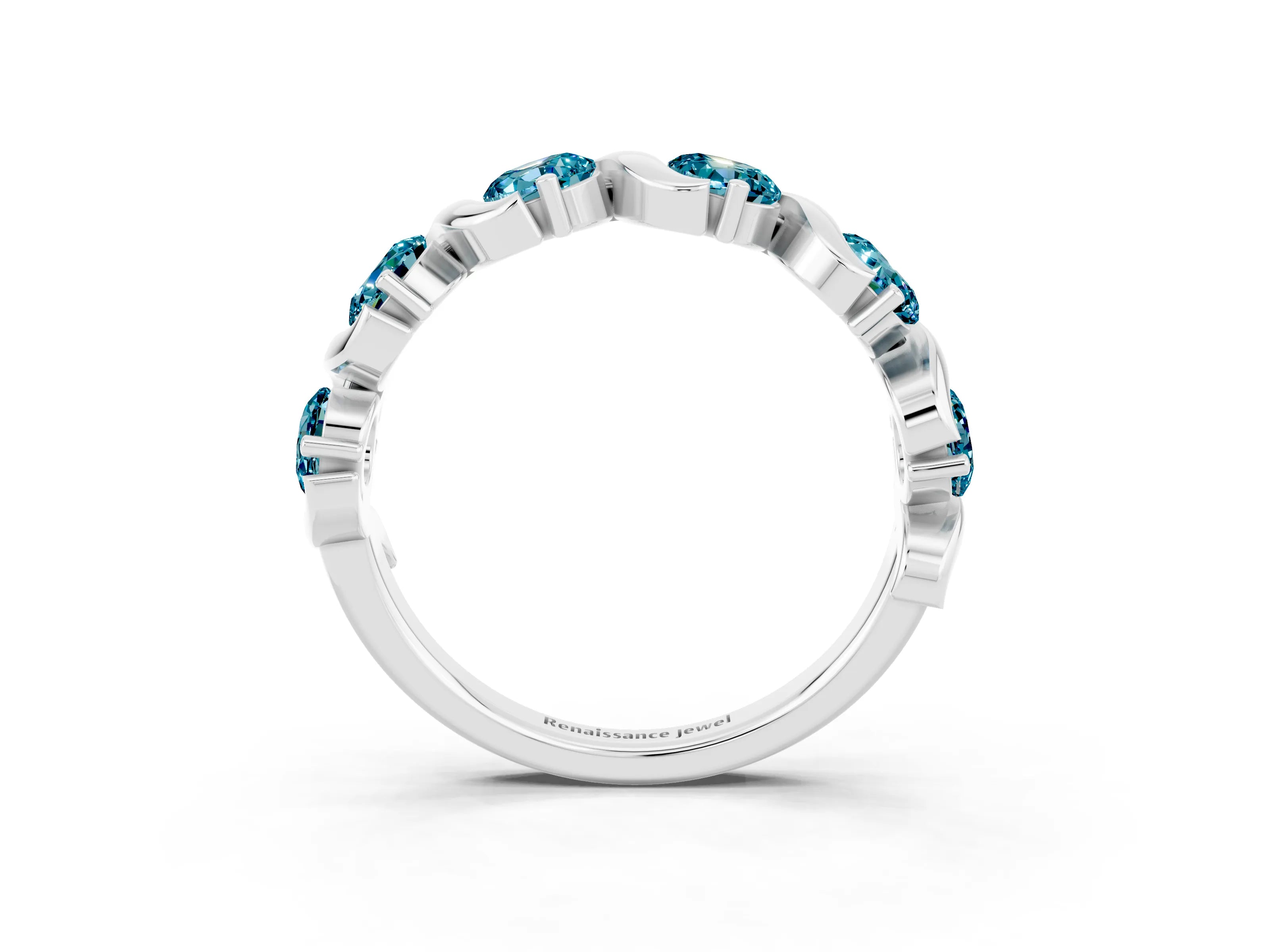 White gold Round Blue Topaz Half Eternity Band with Wave Prong Setting_9