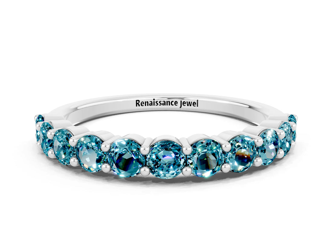 Silver Round Blue Topaz Half Eternity Band with Prong Setting