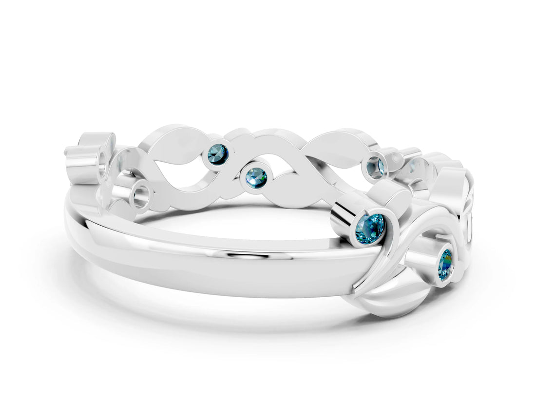 White gold Round Blue Topaz Leaf Eternity Band with Bezel Setting_42