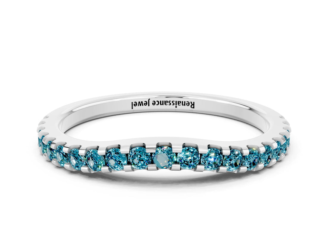 White gold Round Blue Topaz Pavé Set Curved Wedding Band_10
