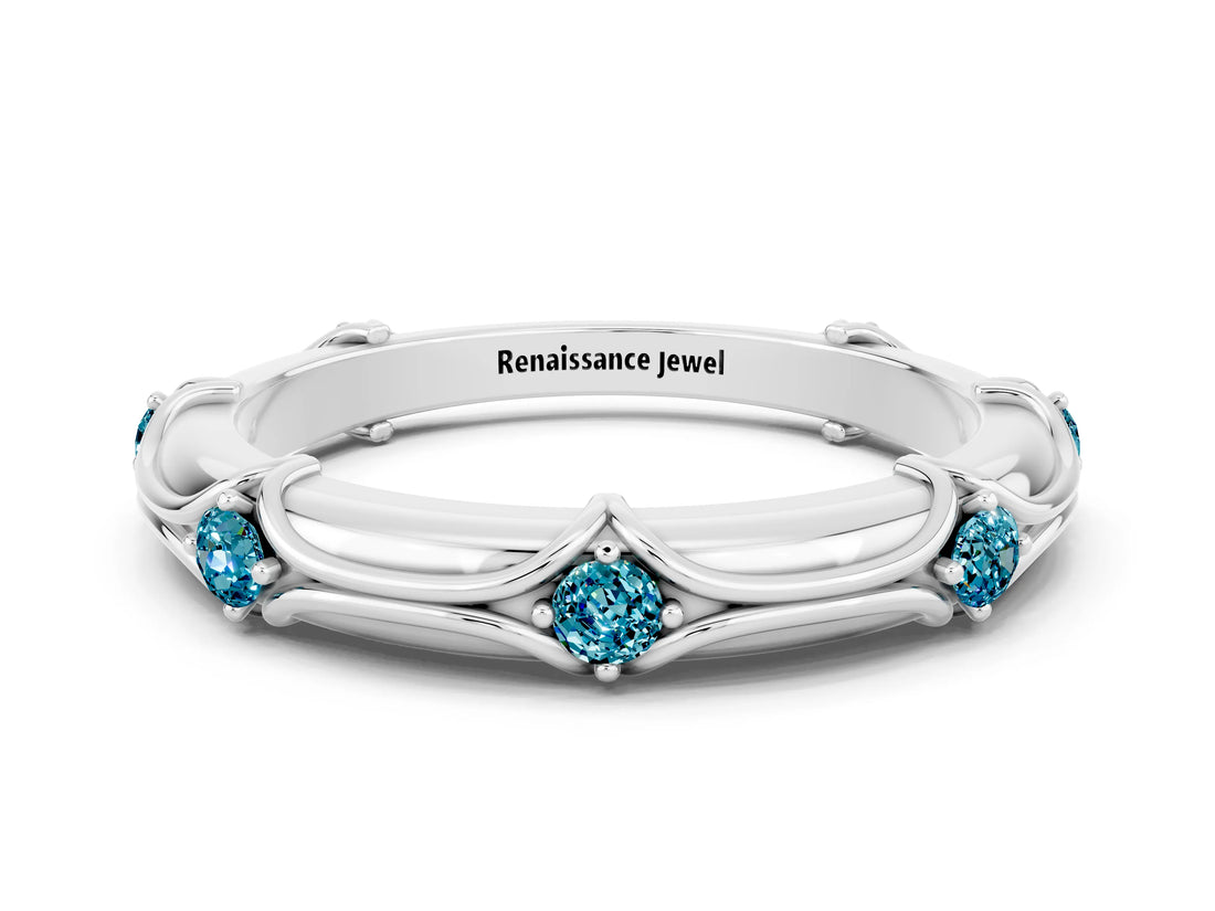 White gold Round Blue Topaz Prong Set Milgrain Eternity Band_6