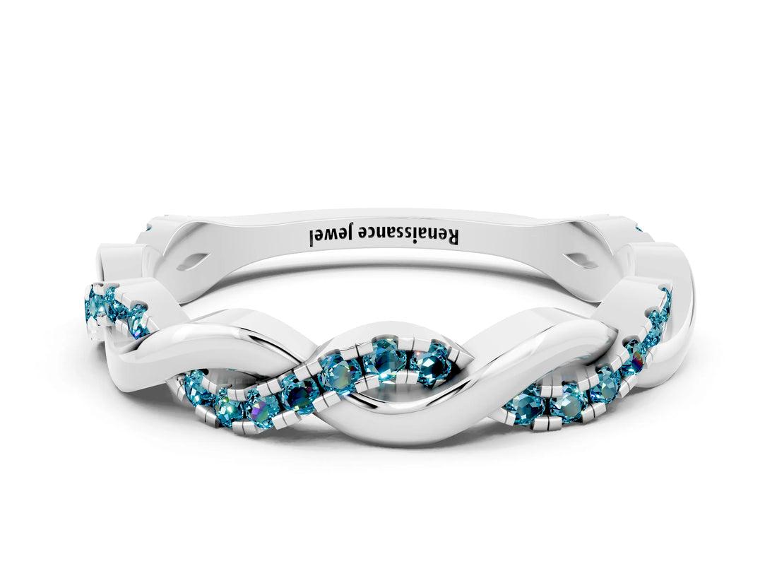 White gold Round Blue Topaz Twist Eternity Band with Pavé Setting_6