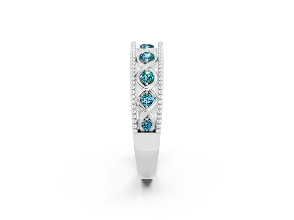 White Gold Round Blue Topaz Vintage Twist Wedding Band with Milgrain Rails