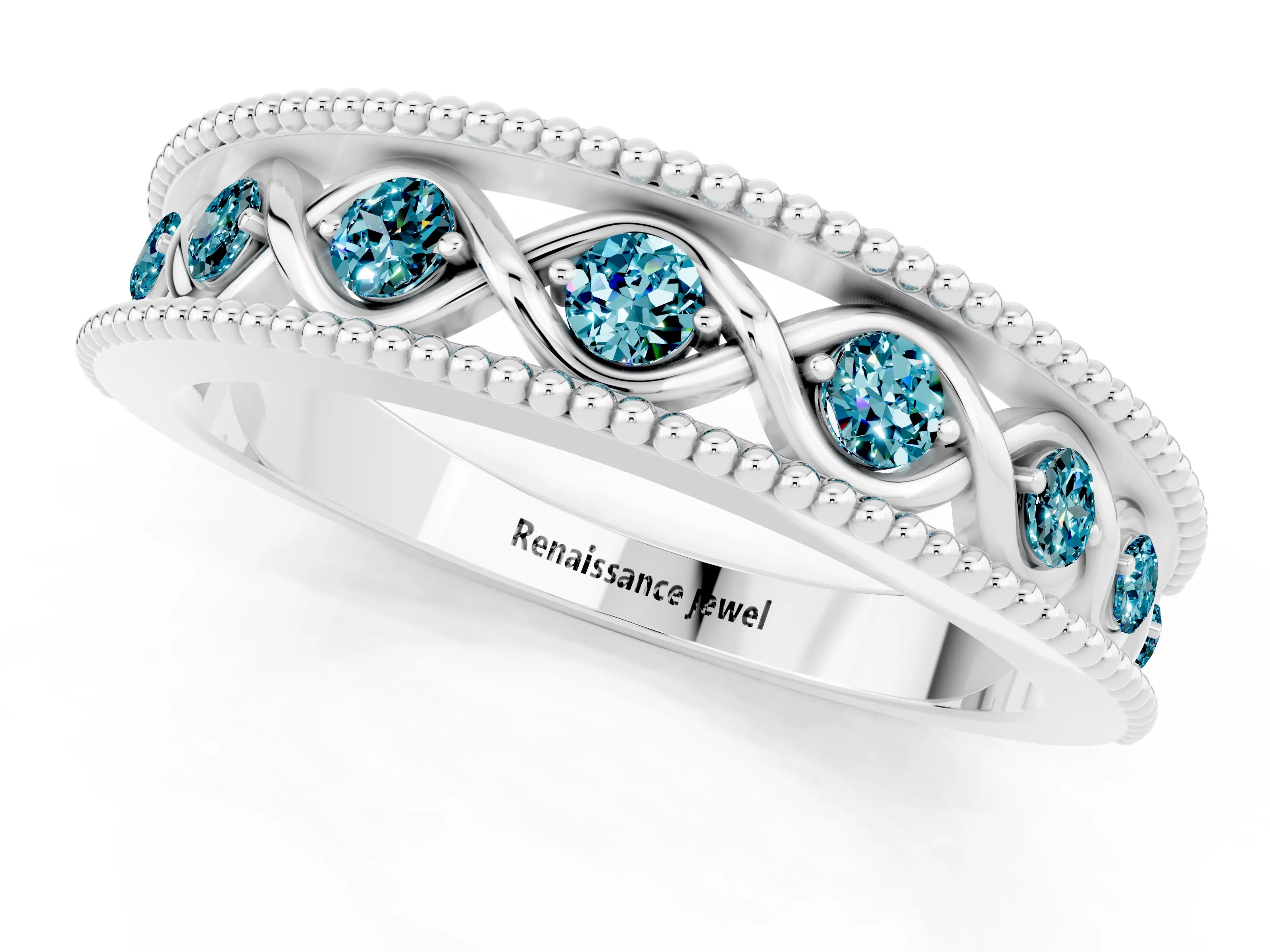 White gold Round Blue Topaz Twist Milgrain Band with Bezel Setting_1
