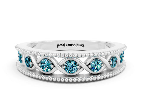 White gold Round Blue Topaz Twist Milgrain Band with Bezel Setting