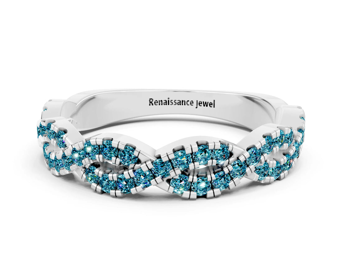 White gold Round Blue Topaz Twisted Eternity Band with Pavé and Shared Prong Setting_18
