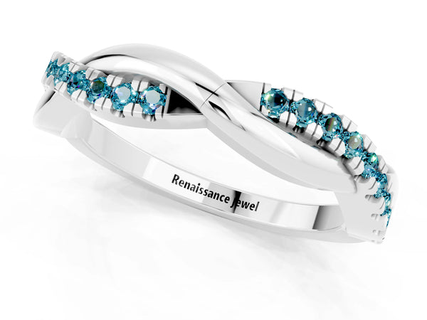 Platinum Round Blue Topaz Half Eternity Infinity Twist Wedding Band