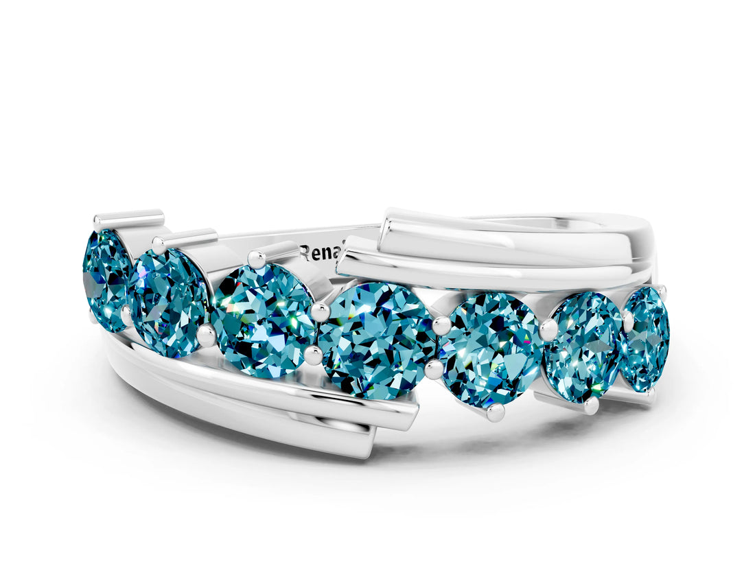 White gold Round Blue Topaz Wave Band with Channel and Shared Prong Setting_18