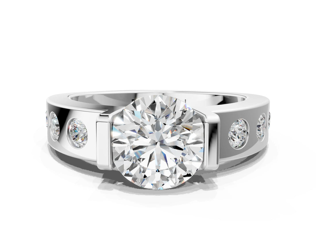 White gold Round Brilliant Channel-Set Diamond Ring with Bezel Prong Setting_14