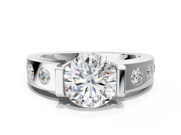 White gold Round Brilliant Channel-Set Diamond Ring with Bezel Prong Setting