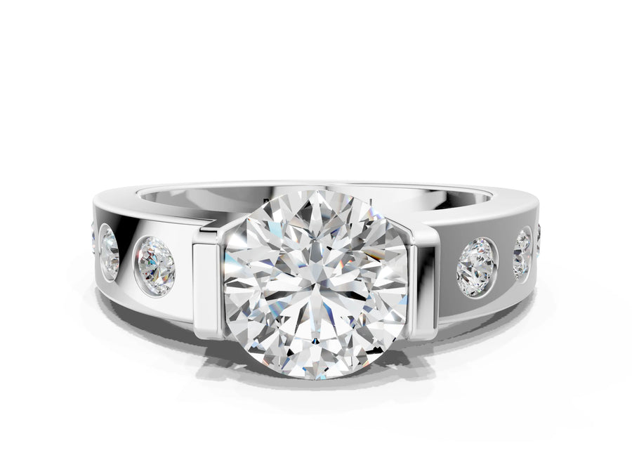 White gold Round Brilliant Channel-Set Diamond Ring with Bezel Prong Setting
