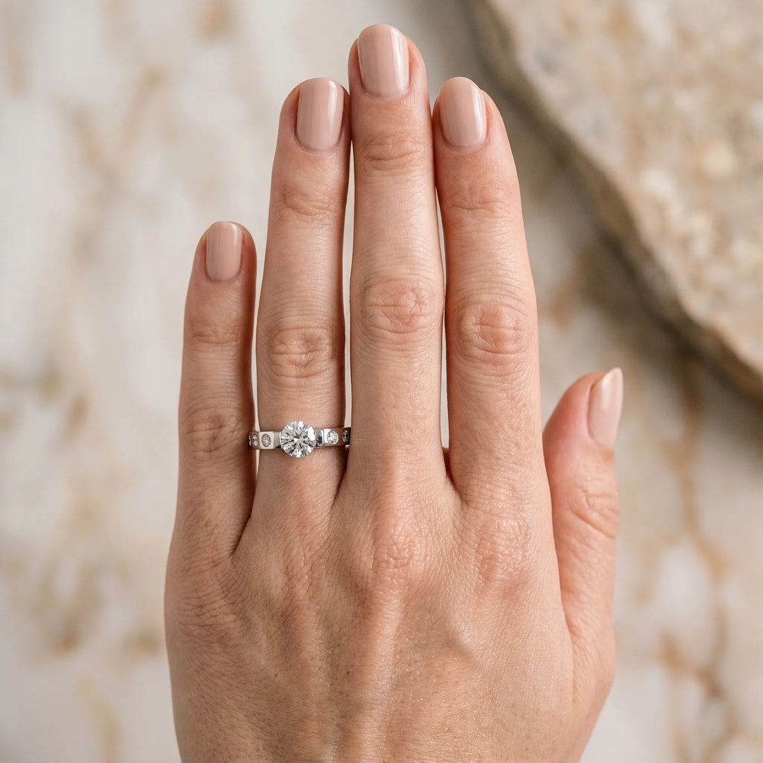 White gold Round Brilliant Channel-Set Diamond Ring with Bezel Prong Setting_6