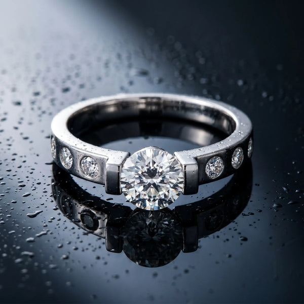 White gold Round Brilliant Channel-Set Diamond Ring with Bezel Prong Setting