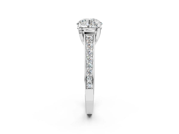 White gold Round Brilliant Cut Diamond Engagement Ring with Pavé Band and Four-Prong Setting