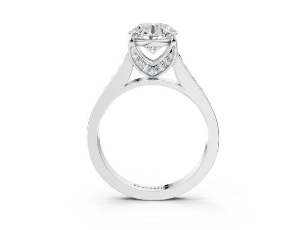 White gold Round Brilliant Cut Diamond Engagement Ring with Pavé Band and Four-Prong Setting