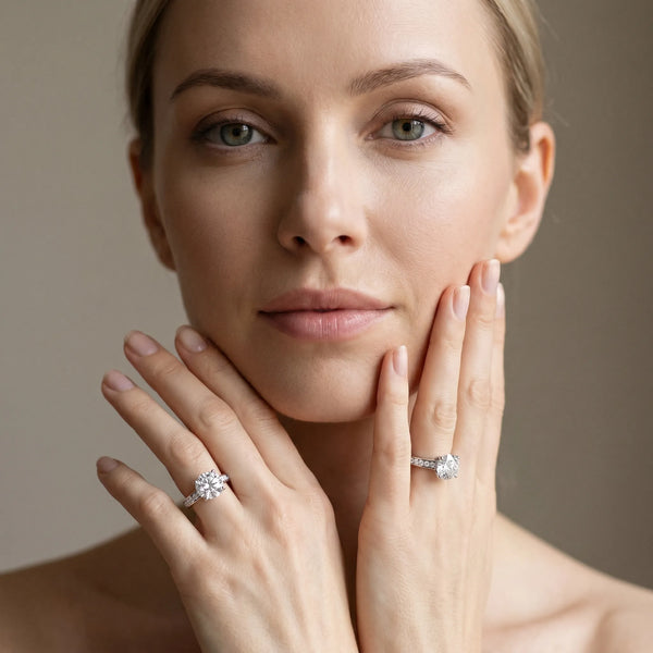 White gold Round Brilliant Cut Diamond Engagement Ring with Pavé Band and Four-Prong Setting