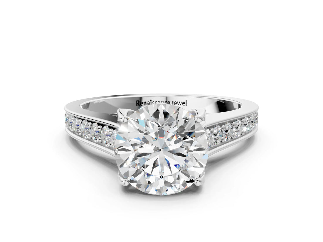 White gold Round Brilliant Cut Diamond Engagement Ring with Pavé Band and Four-Prong Setting_99