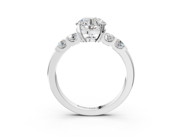 White gold Round Brilliant Cut Diamond Five-Stone Prong Set Engagement Ring with Channel Band