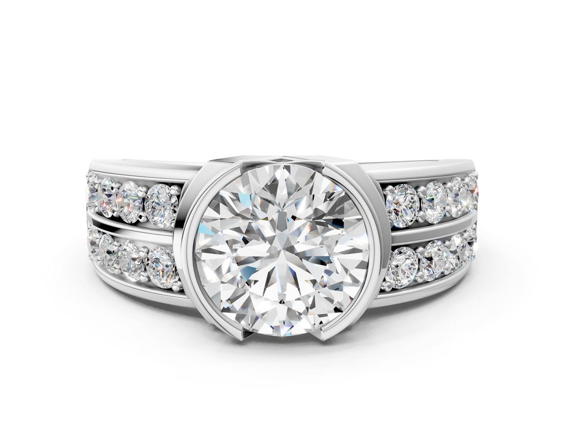 White gold Round Brilliant Diamond Channel Set Wide Band Ring with Bezel Setting_38