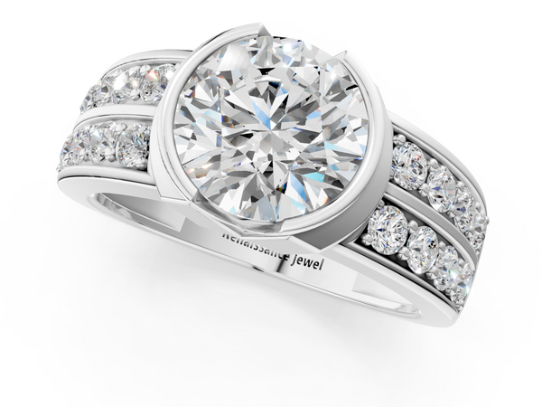 White gold Round Brilliant Diamond Channel Set Wide Band Ring with Bezel Setting
