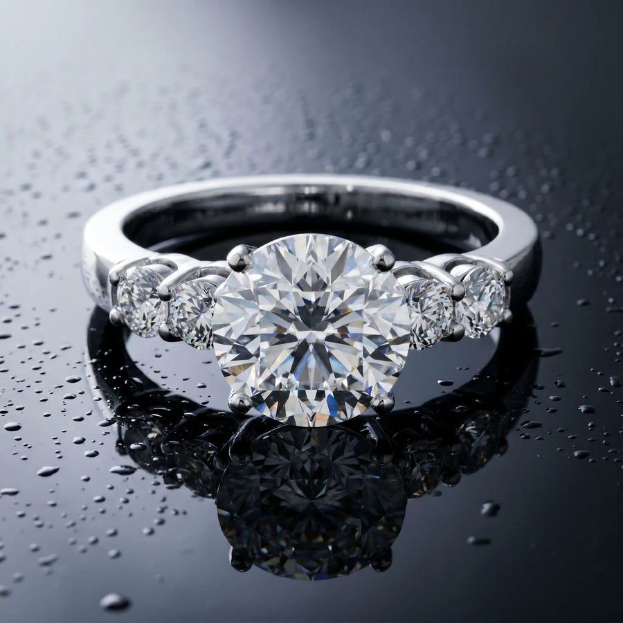 White gold Round Brilliant Diamond Five-Stone Engagement Ring with Prong Setting on a Classic Band