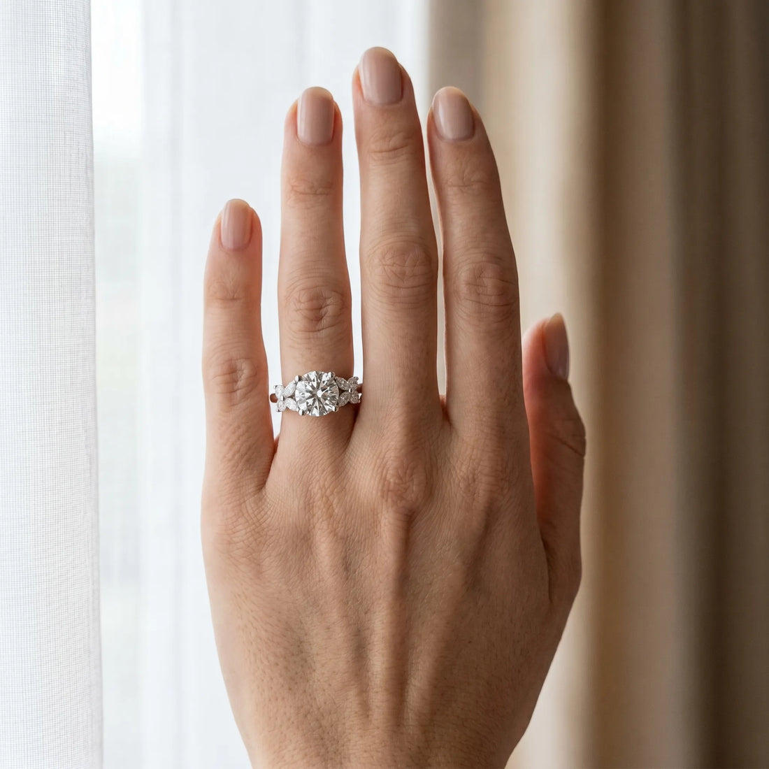 White gold Round Brilliant Diamond Floral Cluster Solitaire with Marquise and Pear Accents in Four-Prong Setting_22