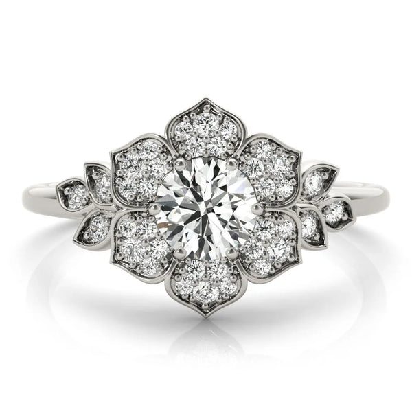 White gold Round Brilliant Diamond Floral Halo Ring with Pavé Band and Four-Prong Setting