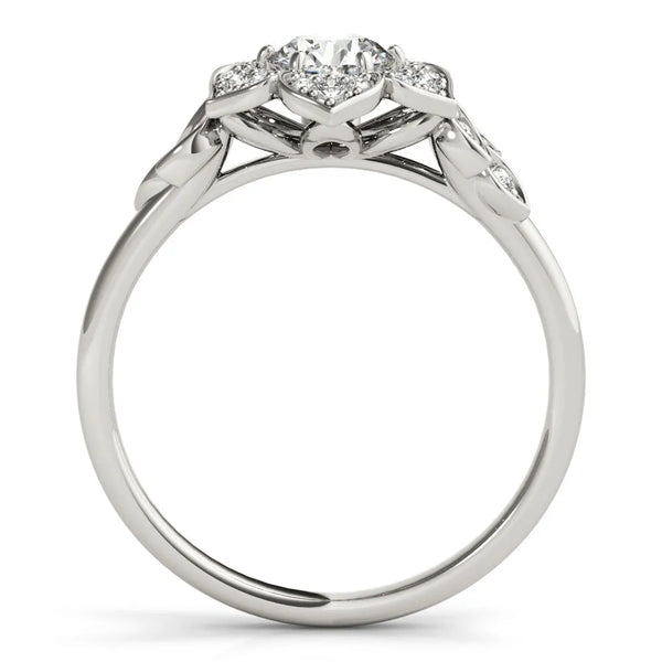 White gold Round Brilliant Diamond Floral Halo Ring with Pavé Band and Four-Prong Setting