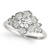 White gold Round Brilliant Diamond Floral Halo Ring with Pavé Band and Four-Prong Setting