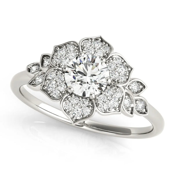 White gold Round Brilliant Diamond Floral Halo Ring with Pavé Band and Four-Prong Setting