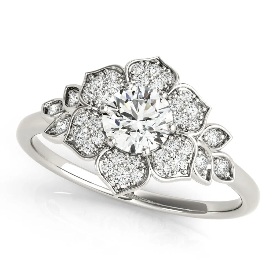 White gold Round Brilliant Diamond Floral Halo Ring with Pavé Band and Four-Prong Setting