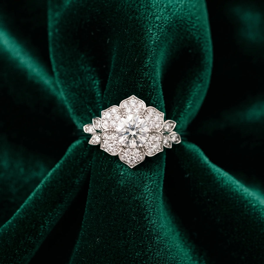 White gold Round Brilliant Diamond Floral Halo Ring with Pavé Band and Four-Prong Setting