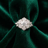 White gold Round Brilliant Diamond Floral Halo Ring with Pavé Band and Four-Prong Setting_30