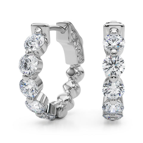 White gold Round Brilliant Diamond Inside-Out Hoop Earrings with Shared Prong Setting
