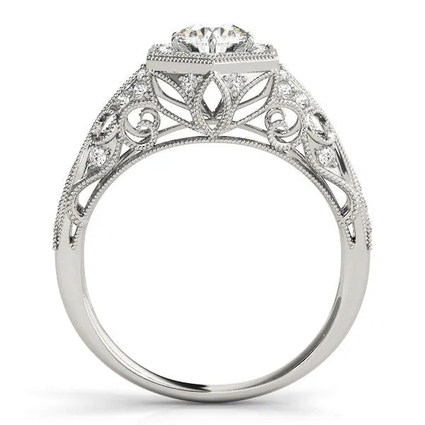 White gold Round Brilliant Diamond Milgrain Filigree Halo Ring