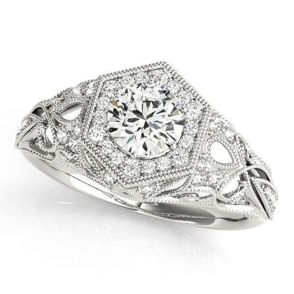 White gold Round Brilliant Diamond Milgrain Filigree Halo Ring