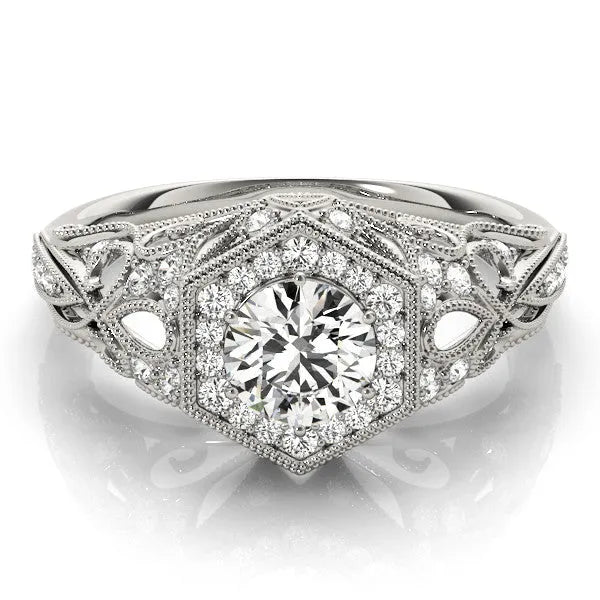 White gold Round Brilliant Diamond Milgrain Filigree Halo Ring