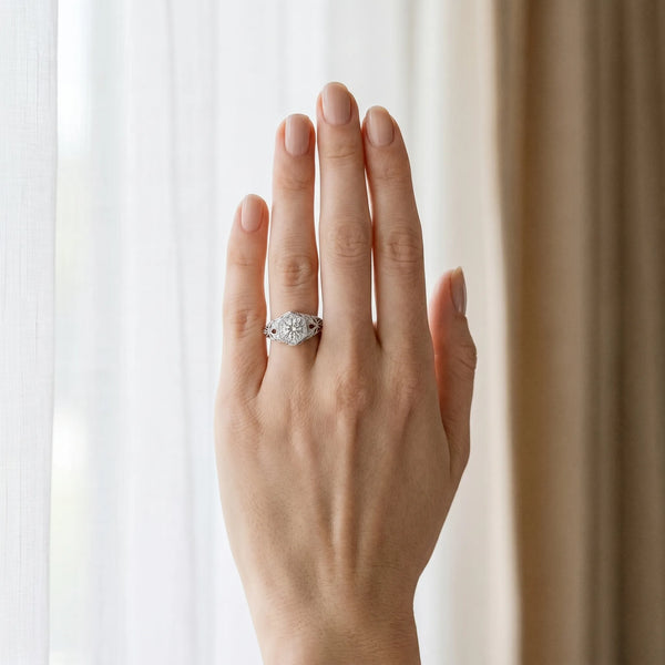 White gold Round Brilliant Diamond Milgrain Filigree Halo Ring