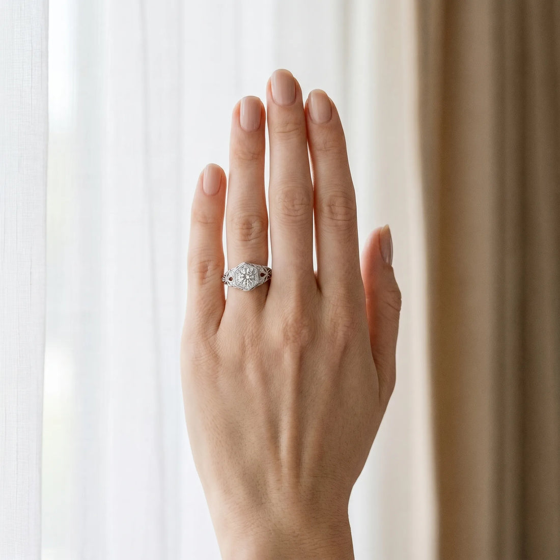 White gold Round Brilliant Diamond Milgrain Filigree Halo Ring_6