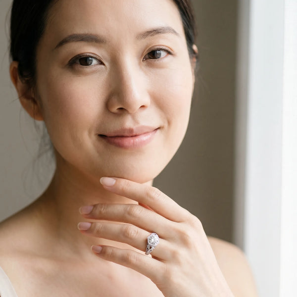 White gold Round Brilliant Diamond Milgrain Filigree Halo Ring