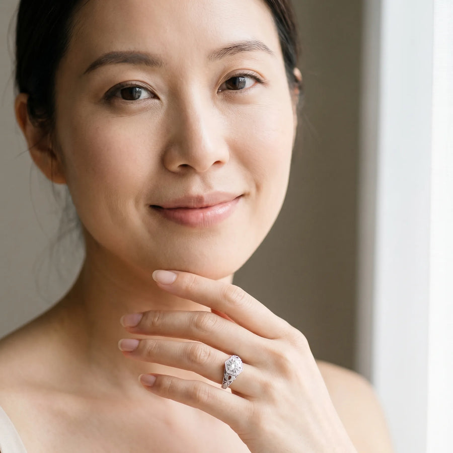White gold Round Brilliant Diamond Milgrain Filigree Halo Ring