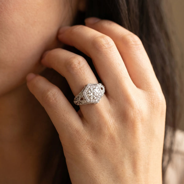 White gold Round Brilliant Diamond Milgrain Filigree Halo Ring