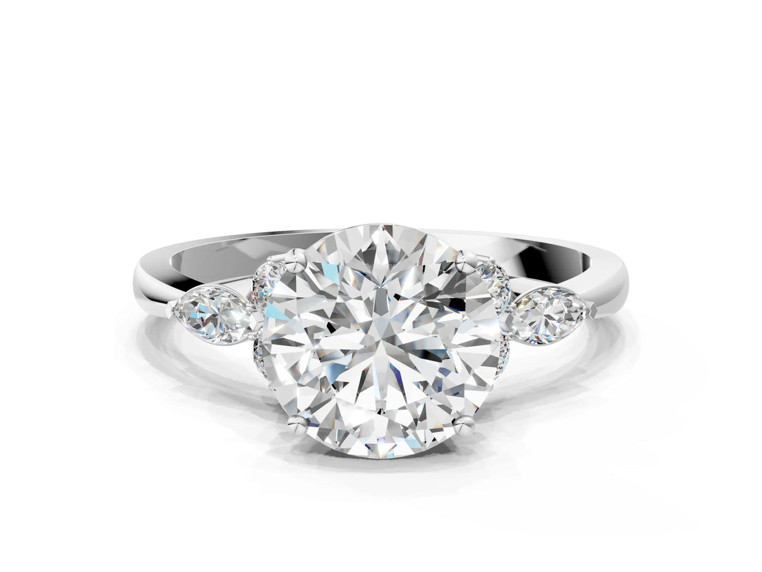 White gold Round Brilliant Diamond Solitaire Ring with Pear Side Stones and Four-Prong Setting_66
