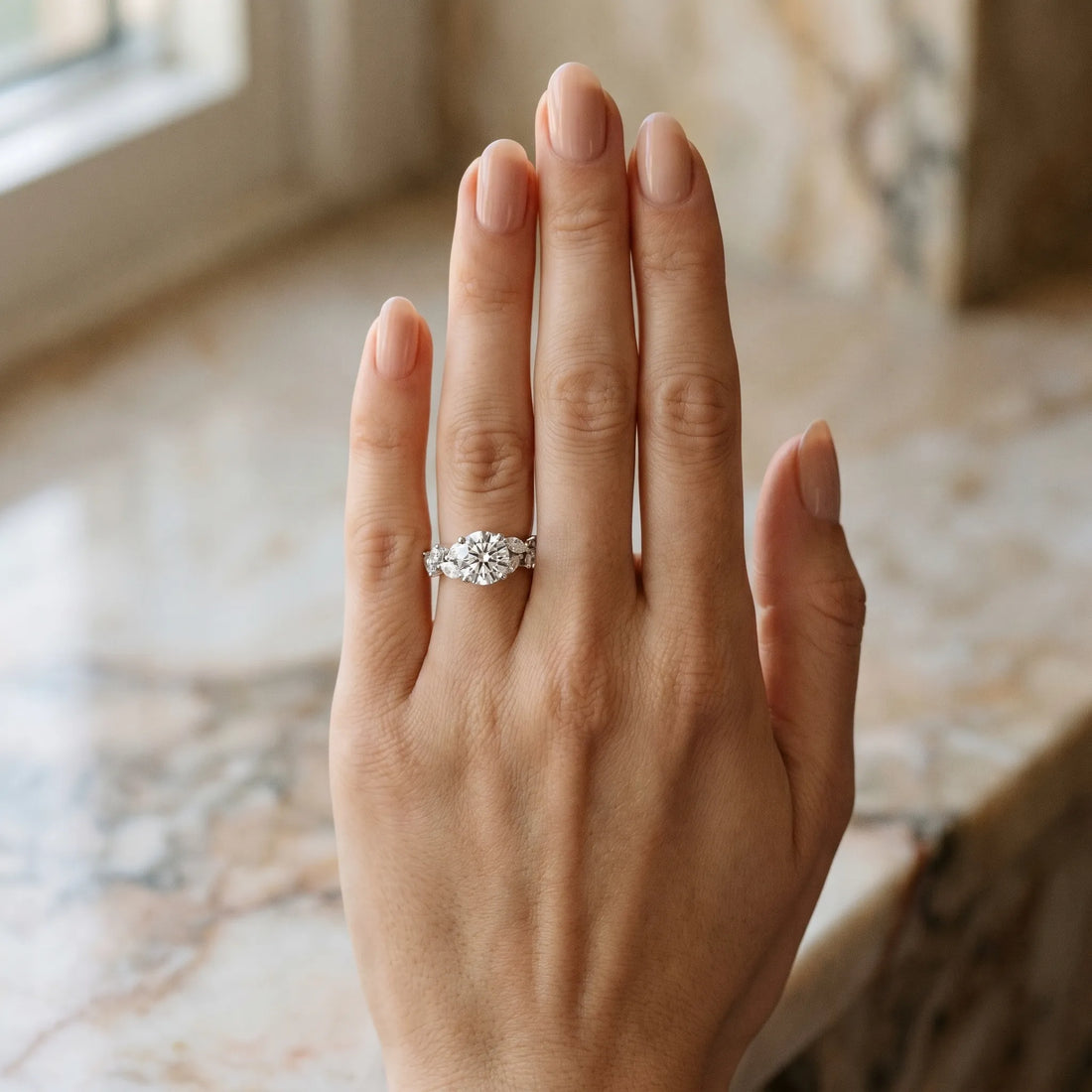 White gold Round Brilliant Diamond Solitaire with Marquise and Pear Accent Stones on a Split Shank Band with Four-Prong Setting_27