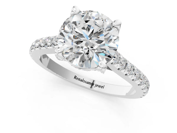 White gold Round Brilliant Diamond Solitaire with Pavé Band and Four-Prong Setting