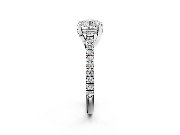 White gold Round Brilliant Diamond Solitaire with Pavé Band and Four-Prong Setting