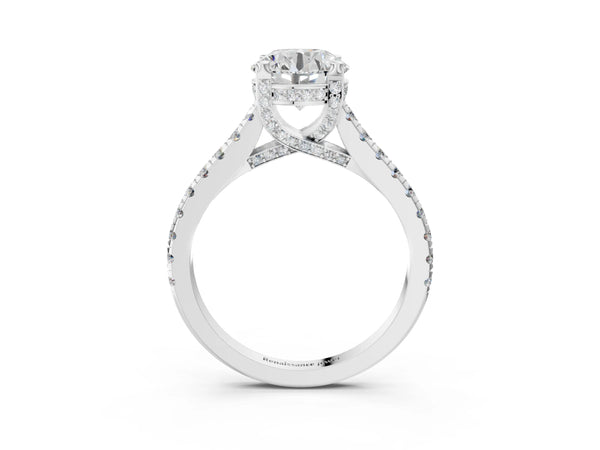 White gold Round Brilliant Diamond Solitaire with Pavé Band and Four-Prong Setting